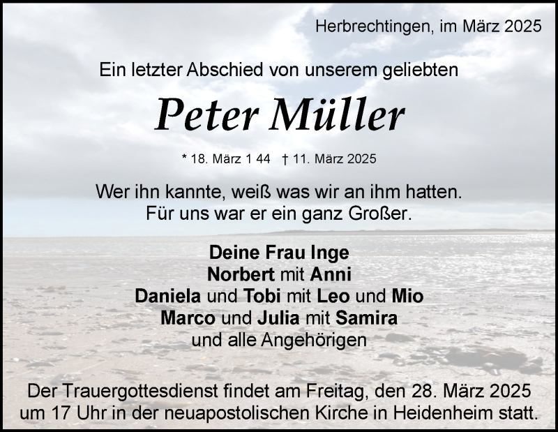  Traueranzeige für Peter Müller vom 24.03.2025 aus Heidenheimer Zeitung