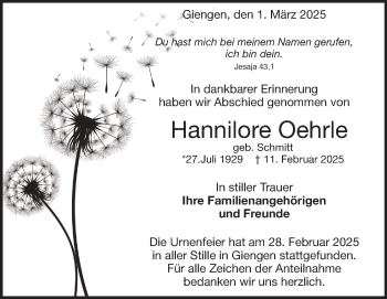 Traueranzeige von Hannilore Oehrle von Heidenheimer Zeitung