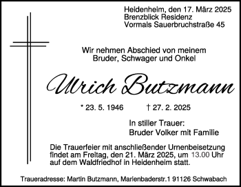 Traueranzeige von Ulrich Butzmann von Heidenheimer Zeitung
