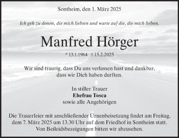 Traueranzeige von Manfred Hörger von Heidenheimer Zeitung