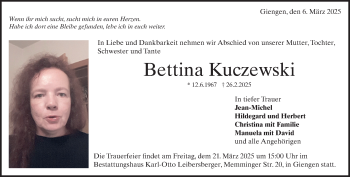 Traueranzeige von Bettina Kuczewski von Heidenheimer Zeitung