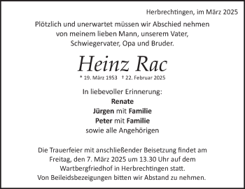 Traueranzeige von Heinz Rac von Heidenheimer Zeitung