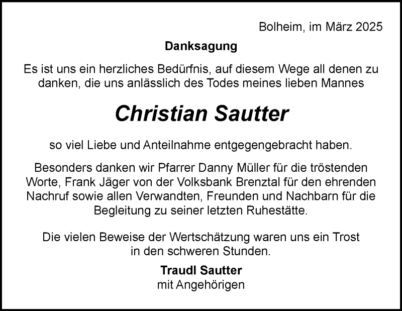  Traueranzeige für Christian Sautter vom 22.03.2025 aus Heidenheimer Zeitung