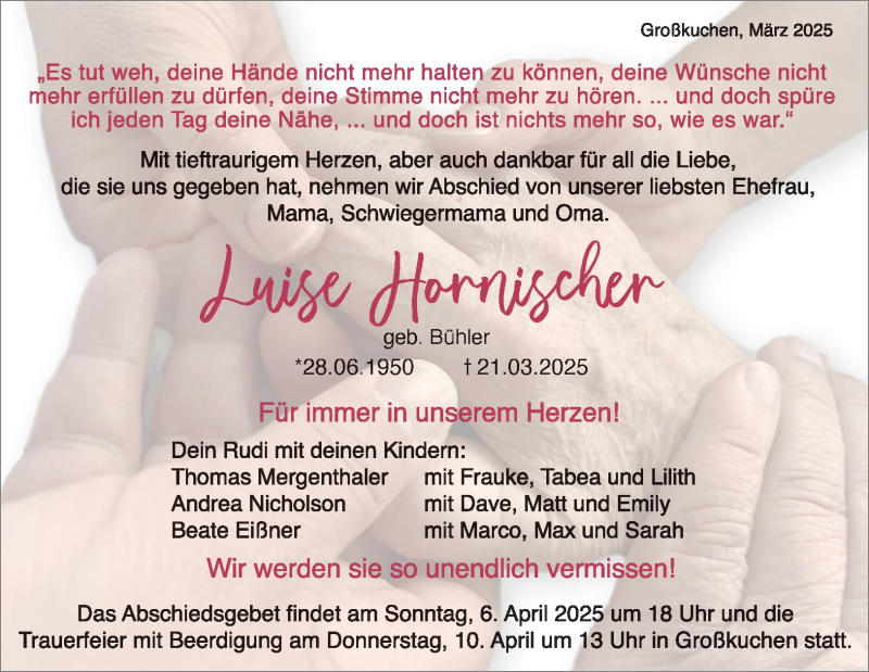  Traueranzeige für Luise Hornischer vom 29.03.2025 aus Heidenheimer Zeitung