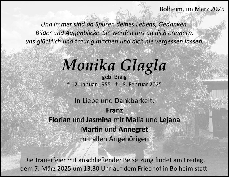  Traueranzeige für Monika Glagla vom 03.03.2025 aus Heidenheimer Zeitung