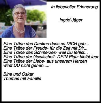 Traueranzeige von Ingrid Jäger von Heidenheimer Zeitung