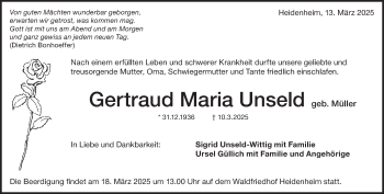 Traueranzeige von Gertraud Unseld von Heidenheimer Zeitung