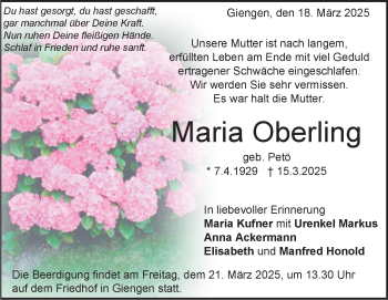 Traueranzeige von Maria Oberling von Heidenheimer Zeitung