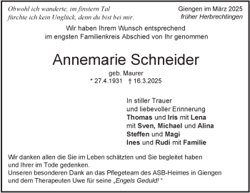 Traueranzeige von Annemarie Schneider von Heidenheimer Zeitung