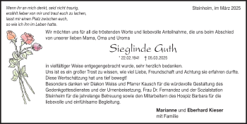 Traueranzeige von Sieglinde  Guth von Heidenheimer Zeitung