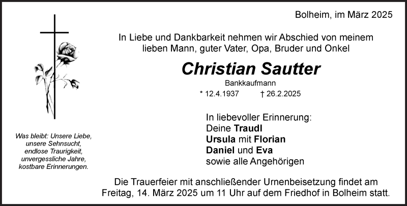  Traueranzeige für Christian Sautter vom 10.03.2025 aus Heidenheimer Zeitung