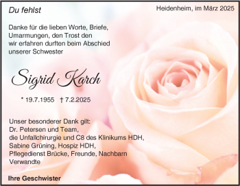 Traueranzeige von Sigrid Karch von Heidenheimer Zeitung
