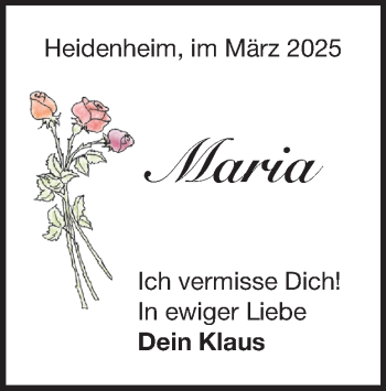 Traueranzeige von Maria Uffelmann-Dressler von Heidenheimer Zeitung