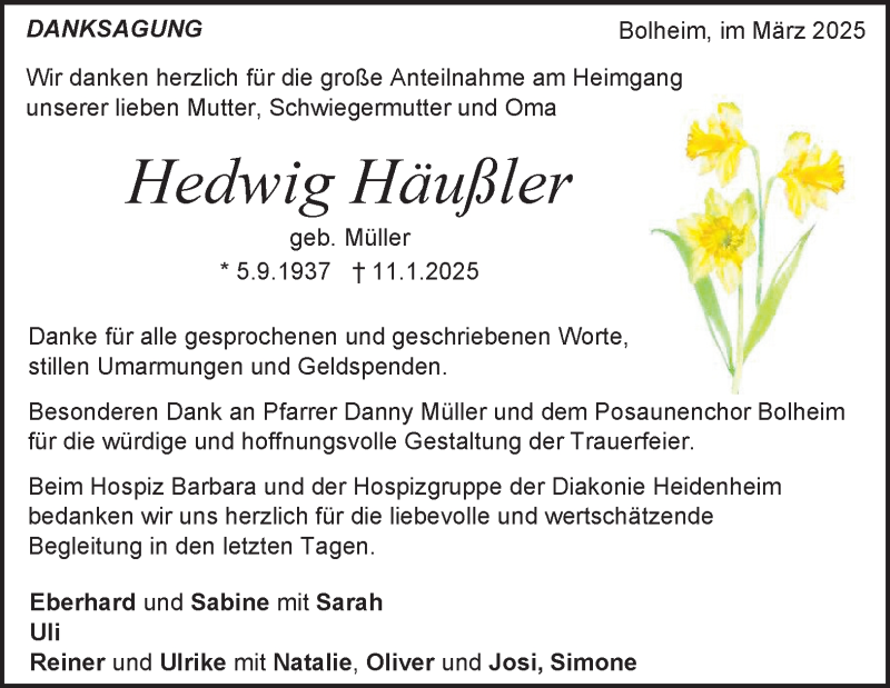  Traueranzeige für Hedwig Häußler vom 01.03.2025 aus Heidenheimer Zeitung