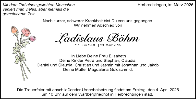  Traueranzeige für Ladislaus Böhm vom 31.03.2025 aus Heidenheimer Zeitung