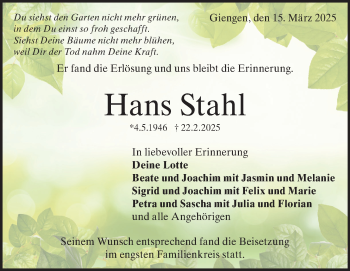 Traueranzeige von Hans Stahl von Heidenheimer Zeitung