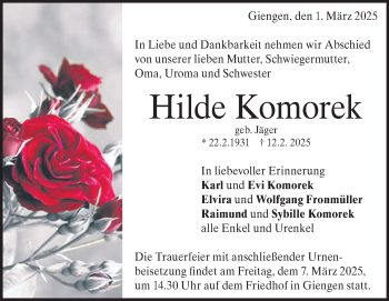 Traueranzeige von Hilde Komorek von Heidenheimer Zeitung