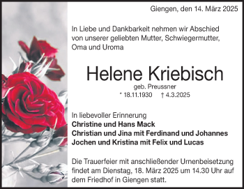 Traueranzeige von Helene Kriebisch von Heidenheimer Zeitung