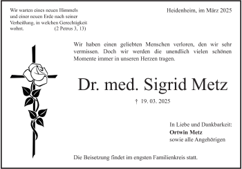 Traueranzeige von Sigrid Metz von Heidenheimer Zeitung