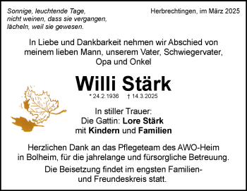 Traueranzeige von Willi Stärk von Heidenheimer Zeitung