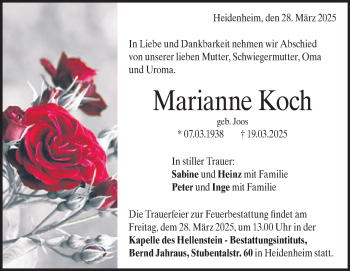 Traueranzeige von Marianne Koch von Heidenheimer Zeitung