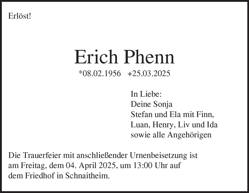  Traueranzeige für Erich Phenn vom 29.03.2025 aus Heidenheimer Zeitung