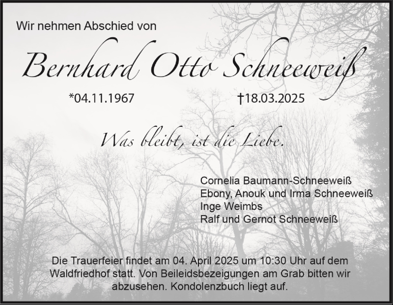  Traueranzeige für Bernhard Otto Schneeweiß vom 27.03.2025 aus Heidenheimer Zeitung
