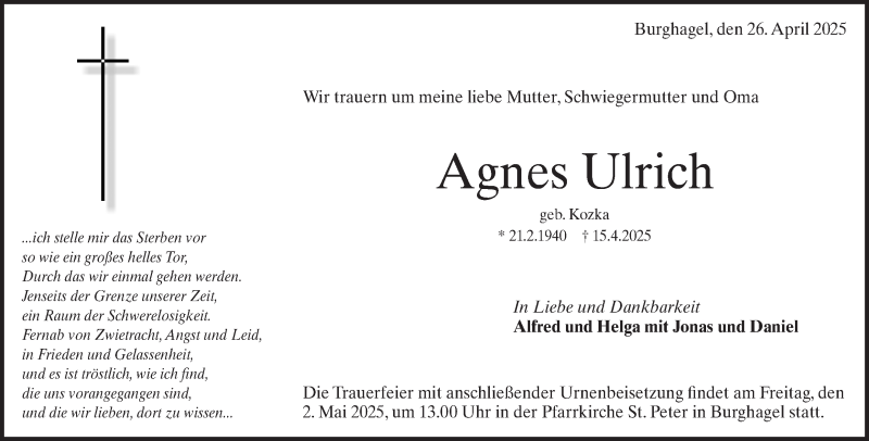  Traueranzeige für Agnes Ulrich vom 26.04.2025 aus Heidenheimer Zeitung