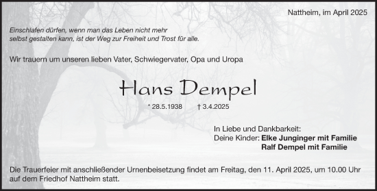 Traueranzeige von Hans Dempel 