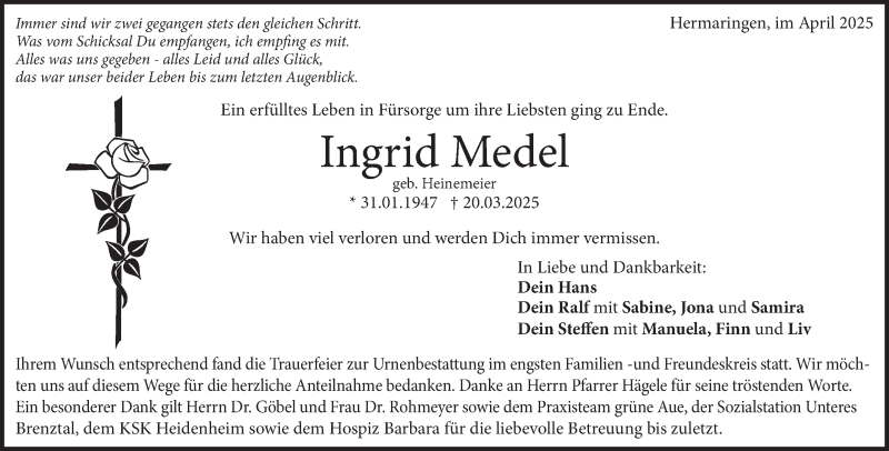  Traueranzeige für Ingrid Medel vom 12.04.2025 aus Heidenheimer Zeitung