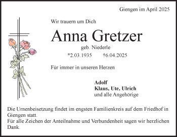 Traueranzeige von Anna Gretzer von Heidenheimer Zeitung