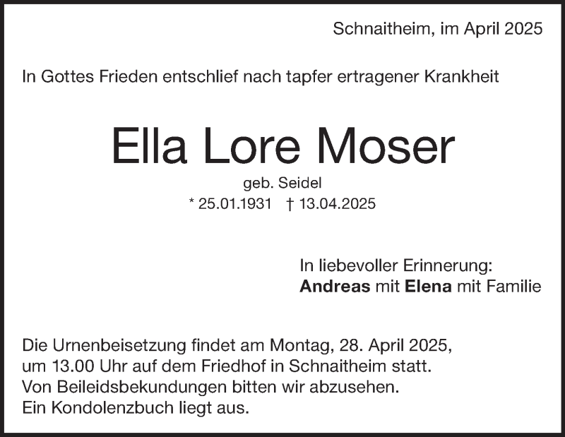  Traueranzeige für Ella Lore Moser vom 26.04.2025 aus Heidenheimer Zeitung