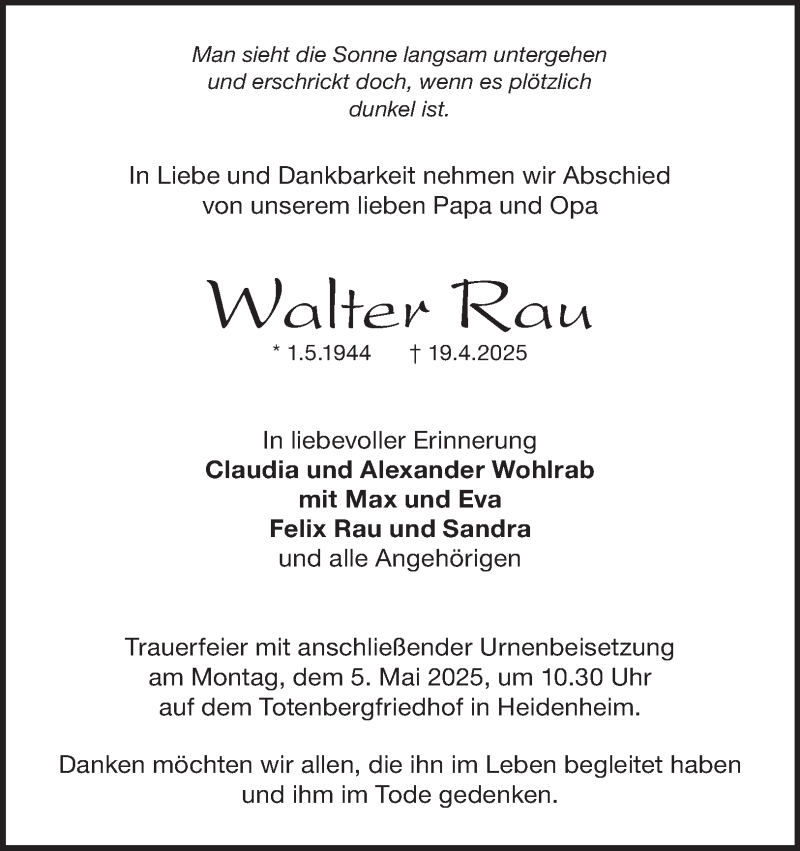  Traueranzeige für Walter Rau vom 30.04.2025 aus Heidenheimer Zeitung