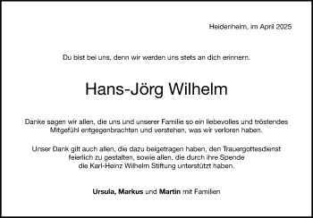 Traueranzeige von Hans-Jörg Wilhelm von Heidenheimer Zeitung