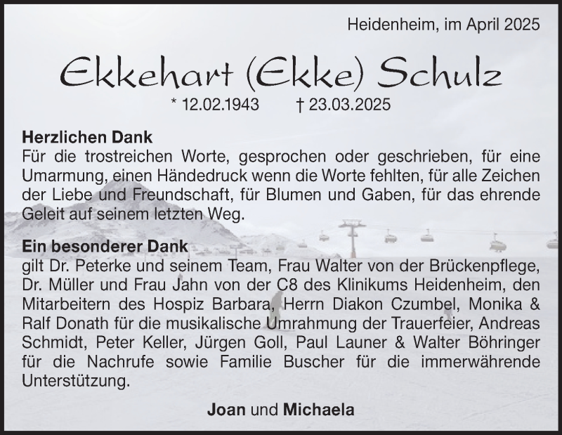  Traueranzeige für Ekkehart Schulz vom 26.04.2025 aus Heidenheimer Zeitung