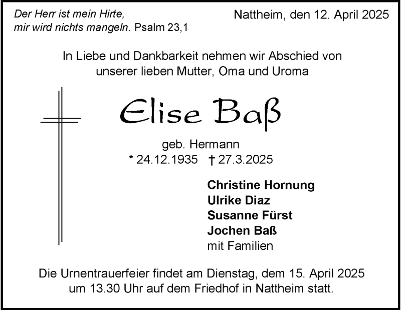  Traueranzeige für Elise Baß vom 12.04.2025 aus Heidenheimer Zeitung