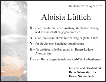 Traueranzeige von Aloisa Lüttich von Heidenheimer Zeitung