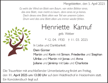 Traueranzeige von Henriette Kamuf von Heidenheimer Zeitung