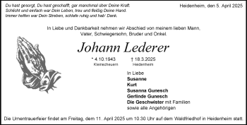 Traueranzeige von Johann Lederer von Heidenheimer Zeitung