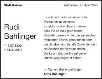 Traueranzeige von Rudi Bahlinger von Heidenheimer Zeitung