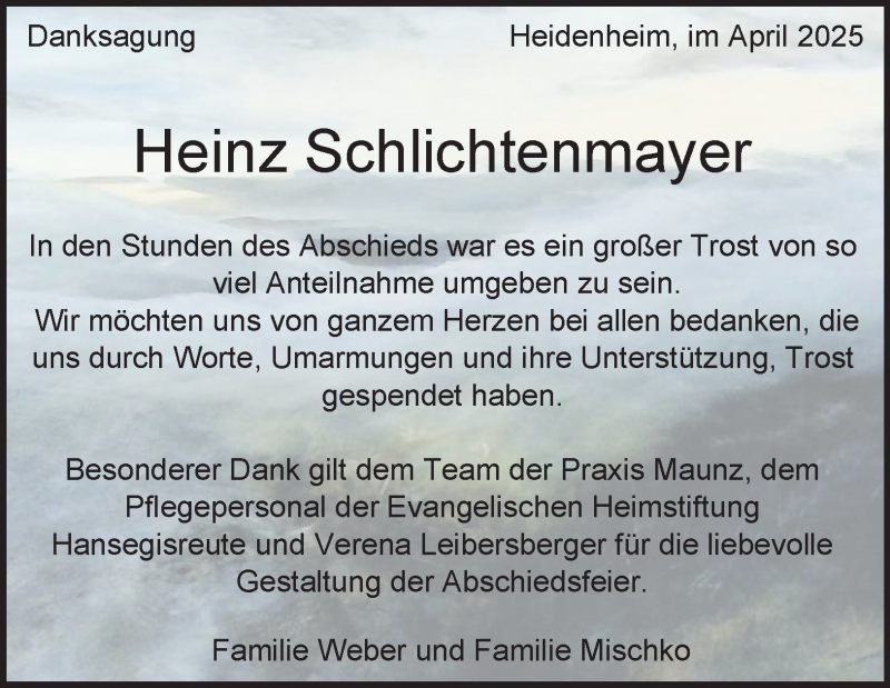  Traueranzeige für Heinz Schlichtenmayer vom 05.04.2025 aus Heidenheimer Zeitung