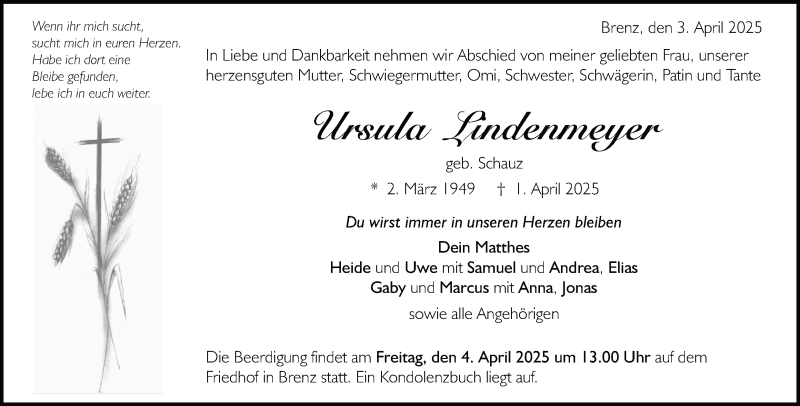  Traueranzeige für Ursula Lindenmeyer vom 03.04.2025 aus Heidenheimer Zeitung