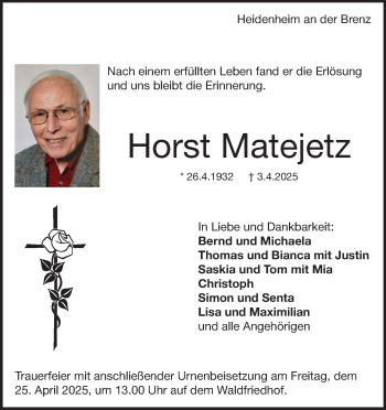 Traueranzeige von Horst Matejetz von Heidenheimer Zeitung