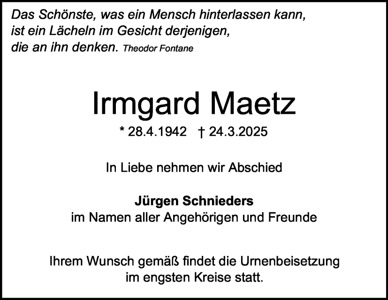  Traueranzeige für Irmgard Maetz vom 02.04.2025 aus Heidenheimer Zeitung