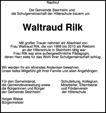 Traueranzeige von Waltraud Rilk von Heidenheimer Zeitung