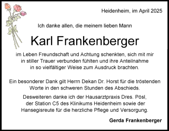 Traueranzeige von Karl Frankenberger von Heidenheimer Zeitung