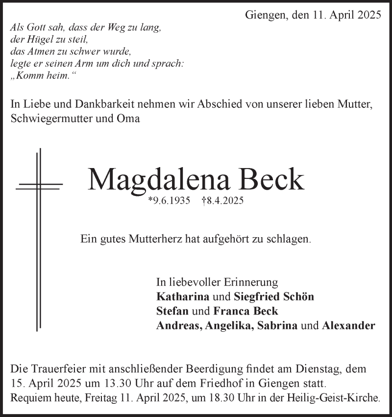  Traueranzeige für Magdalena Beck vom 11.04.2025 aus Heidenheimer Zeitung