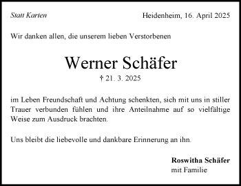 Traueranzeige von Werner Schäfer von Heidenheimer Zeitung