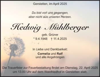 Traueranzeige von Hedwig Mühlberger von Heidenheimer Zeitung