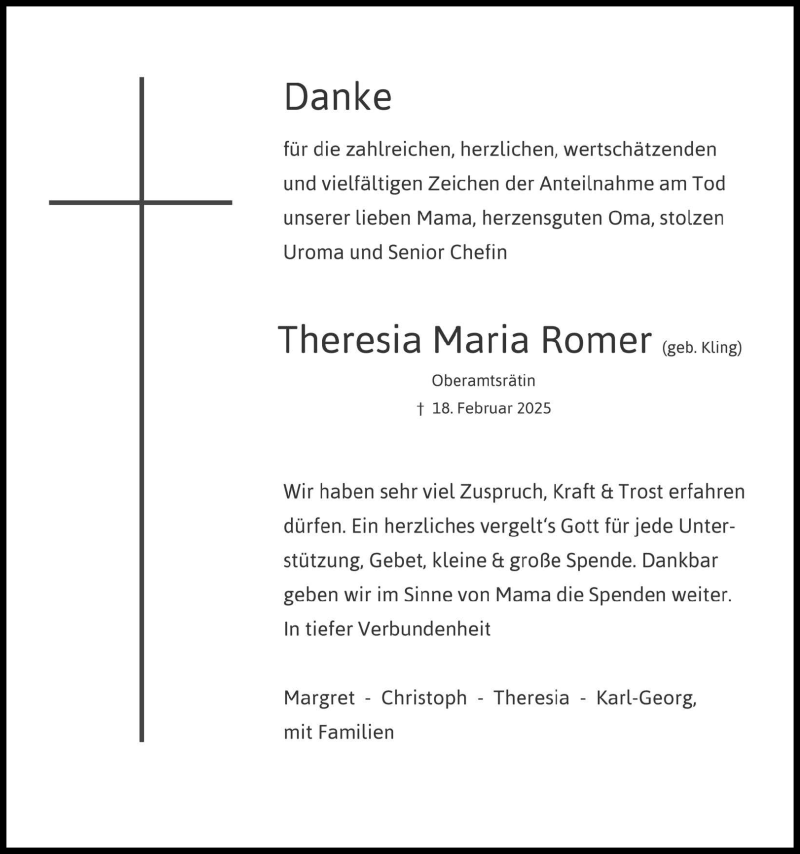  Traueranzeige für Theresia Maria Romer vom 12.04.2025 aus Heidenheimer Zeitung